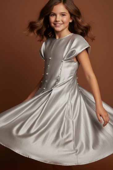 صورة فستان رمادي مع الؤلؤ والكسرات في نص الفستان